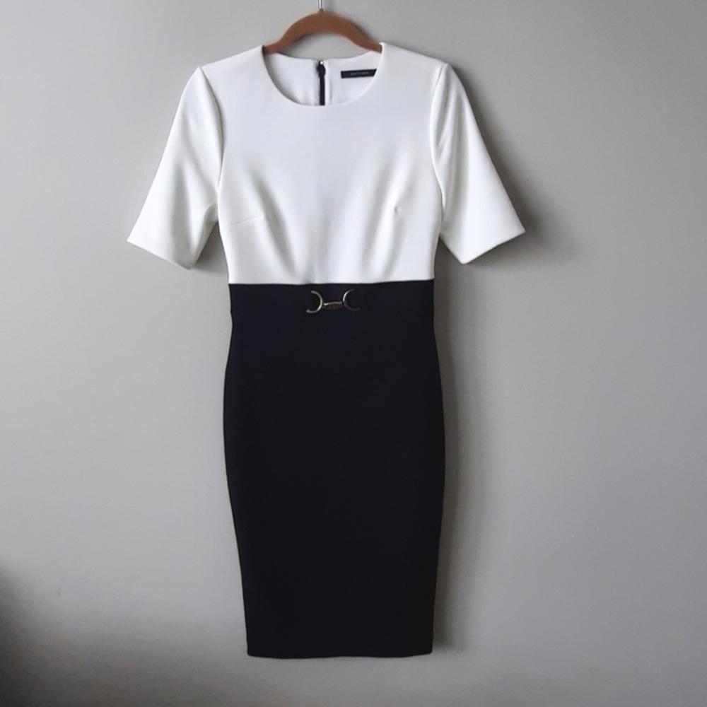 Portman's Black & White Straight Dress with Gold Buckle